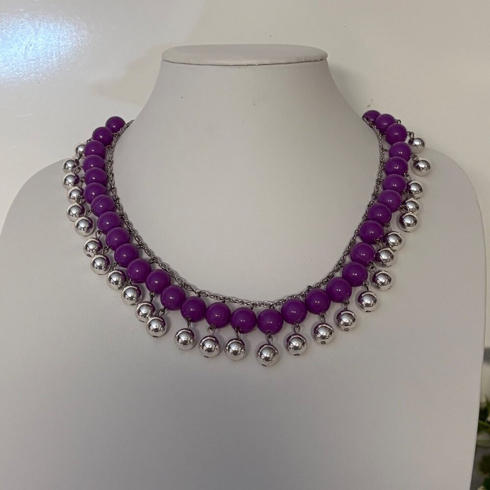 Purple Beaded Necklace Dangling Silver Tone Balls Retro Statement Chunky Jewelry